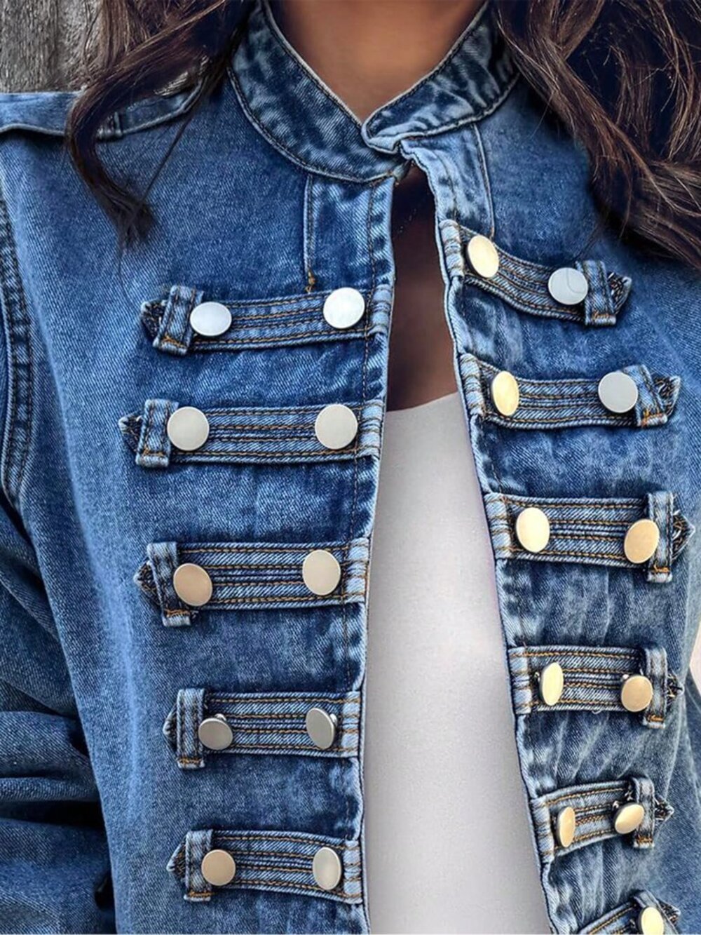 Blue Casual Women's Short Denim Jacket with Double-Breasted Front - Picture 7 of 7